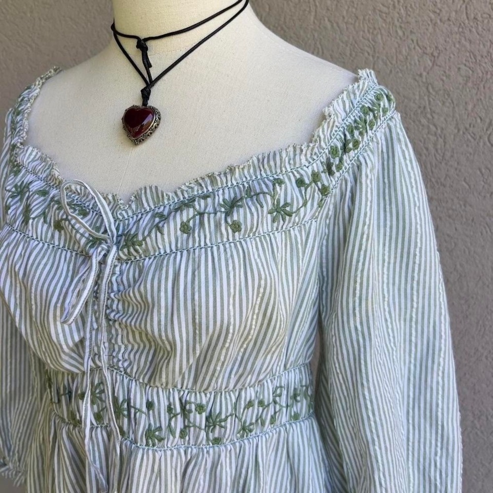 American Eagle Green Striped Long Sleeve Mini Dress Boho Cottagecore Sz Medium - Picture 2 of 8